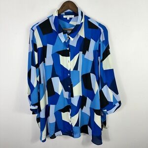 Rose Olive Shirt 3X Blue Geometric Print Button Up Statement Art To Wear Modern